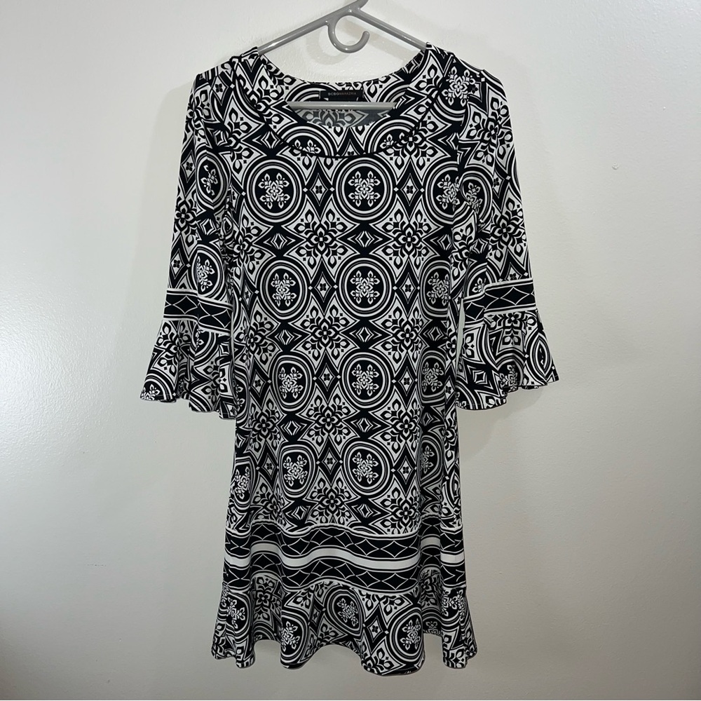 BCBG Maxazria Black & White Drop Waist Dress With Ruffle Sleeve and Hem Size S